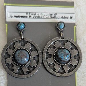 Vtg Handcraftd Steampunk Gear Earring Faux Blue Marble Stones Industustrial Vibe